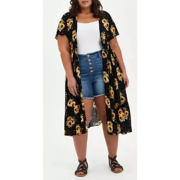 Torrid 5 crepe front tie kimono sunflower pattern - Picture 1 of 4
